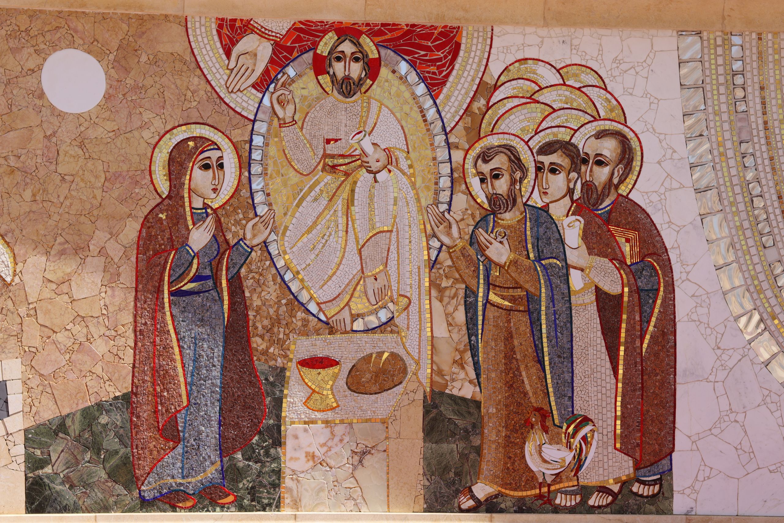 Detailed religious mosaic art depicting a biblical scene with figures adorned in traditional attire.